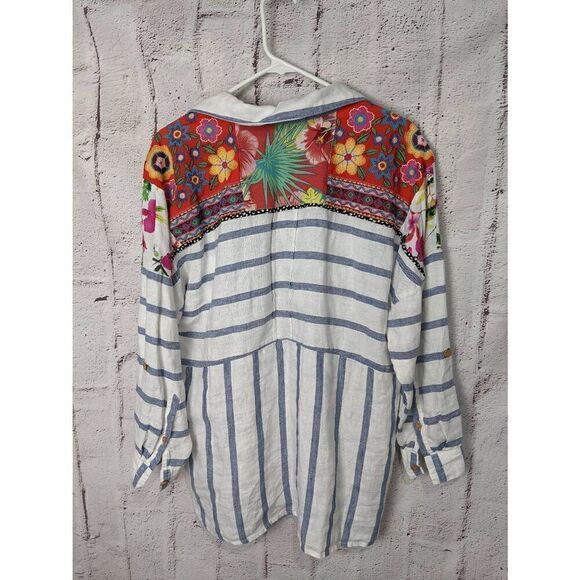 John Mark Embroidered Linen White Blue Stripe Floral 3 Button Shirt M Top Blouse - Picture 2 of 6